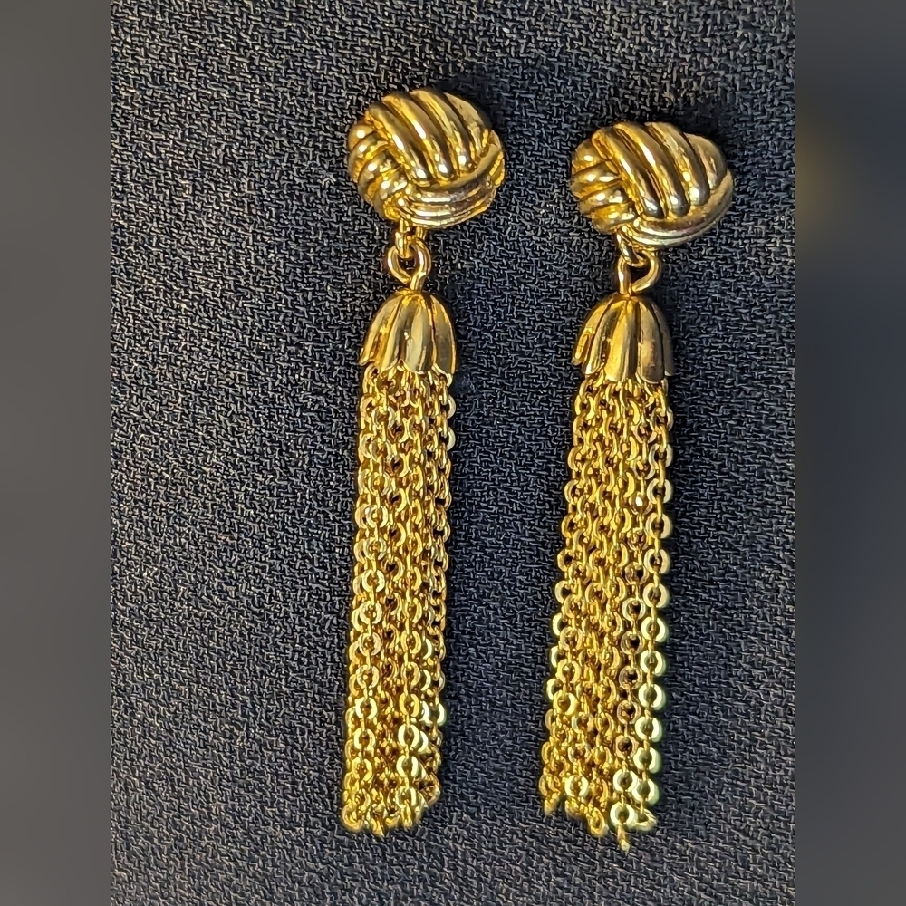 Goldtone Dangler Drop Post Earrings Vintage Knot Fringe Swinging
